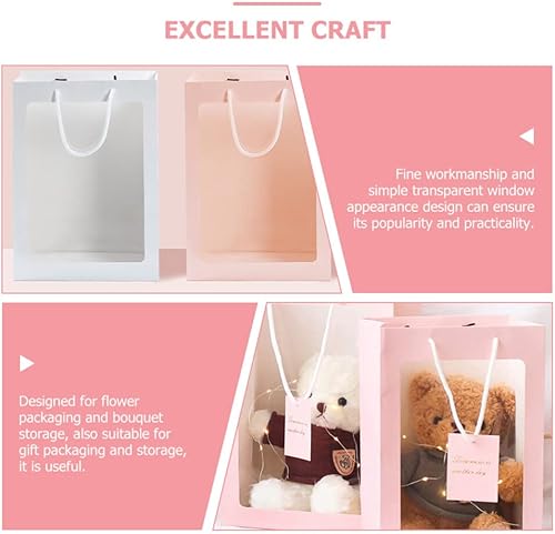 Miniatura 6 de iplusmile 10 bolsas de regalo rosas con ventana, bolsas de regalo de ramo de flores con asas de 13.4 x 9.1 x 3.9 pulgadas, bolsa de compras de papel