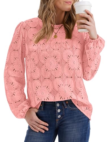 Image of OFEEFAN Blouses for Women Dressy Casual Spring Tops 2026 Summer Outfits Flower Lace Crochet Long Sleeve Shirts