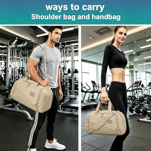 Image of Gym Bag for Men & Women - 30L Duffel Bag with Shoe Compartment, Weekender Water Resistant Duffle Bag for Travel, Sports, Fitness & Workouts, Khaki