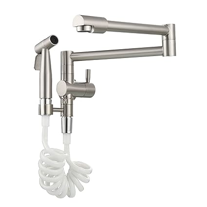 360 degreeSwivel Kitchen Sink Faucet with Sprayer, Biveah Folding Brass Pot Filler Faucet Wall Mount Brushed Nickel, KLB003NA