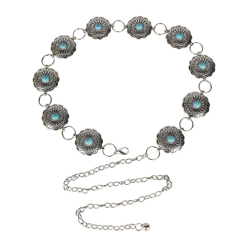 Vikodah Western Metal Belt Waist Chain with Turquoise Beads for Women Waist-decoration Body Accessories Silver