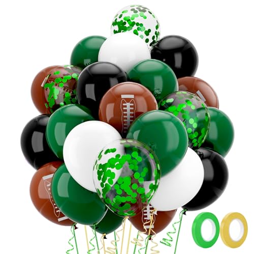 Image of Football Balloons, 60pcs 12 Inch Football Birthday Party Balloons, Dark Green Brown Black Latex Balloons and Geen Confetti Balloons for Touch Down Sports Theme Party Decoration