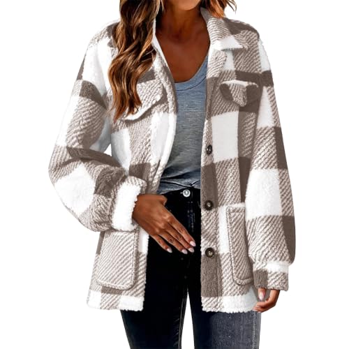 Xiaojmake Women Plaid Sherpa Jacket Snap Button Front Warm Fleece Shacket