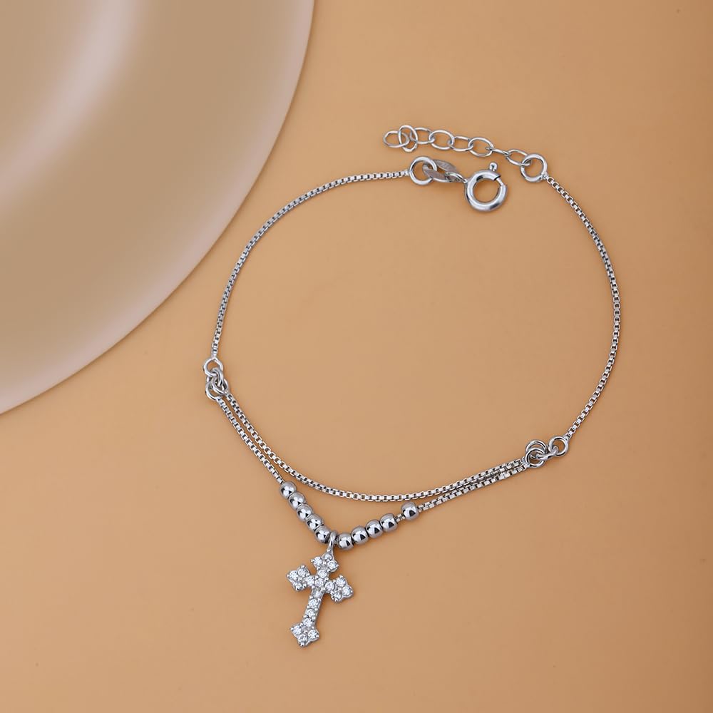 Vanbelle Sterling Silver Jewelry - Rhodium Plated with 925 Stamp - Beaded Chain Bracelet & Hanging Florentine Cross with Cubic Zirconica Stones for Women - 6.5" Long + 1" Extender - Image 6