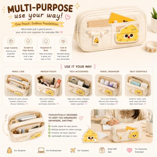 Image of Kawaii Cute Aesthetic Pencil Case for Students | Large Capacity Multi-Pocket Pencil Pouch with Zipper | Cartoon Stationery Organizer Bag for School, College & Office Supplies (Beige)