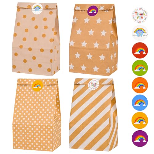 Papiertüten 20 Stück, Geschenktüten Kindergeburtstage mit 36 Bunte Aufkleber, Candy Tüten aus Papier, Kraftpapiertüten, Braune Beutel, für Kinder und Erwachsenenpartys, Geburtstage, Hochzeiten, Feiern