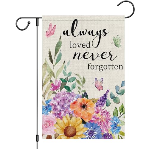 Heyfibro Always Loved Never Forgotten Memorial Garden Flag 12x18 Double Sided Burlap, Spring Summer Butterfly Flower Yard Banner for Rustic Seasonal Outside Outdoor Cemetery Decoration (ONLY FLAG)