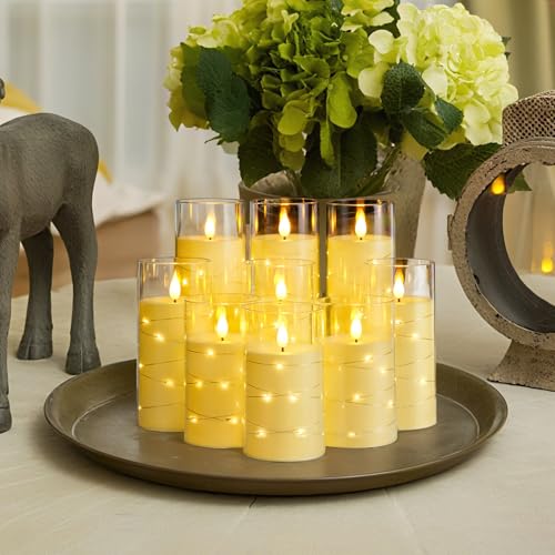 Image of Homemory 9 Pcs Flameless Candles with Embedded Star String Fairy Lights, Battery Operated Candles, LED Candle, Fake Candles with Remote Control and Timer (Ivory)