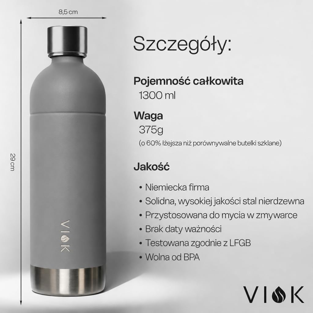 Butelka do Aarke Carbonator 3 i 2 oraz Smeg SKC01, kompatybilna z Brita SodaOne, Sodapop Cooper i Philips GoZero – zamienna butelka ze stali nierdzewnej 1,3 l do saturatora wody (2, Szary matowy)