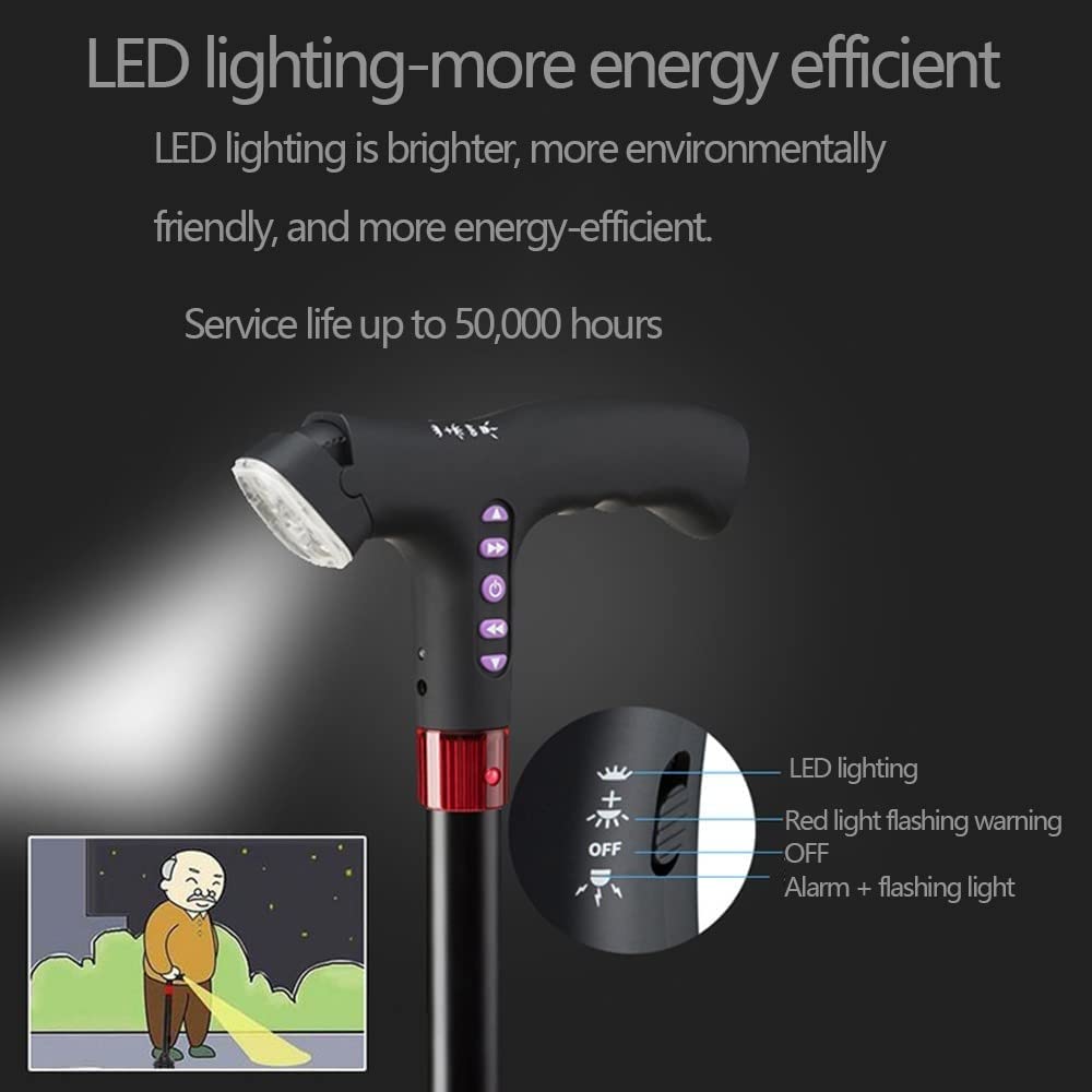 NA Bastón para Caminar con luz LED Ajustable con Alarma Ajuste de Altura Bastón para Caminar, Negro