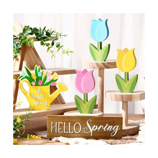 Jetec 5 pcs spring tulip wood table decor hello spring tiered tray decor set rustic farmhouse tulip flowers shower tabletop decoration floral wood table sign centerpieces for home shelftulip  urban country home decor