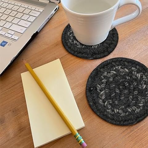 Jet Black Jute Braided Coasters for Drinks, Absorbent Drink Coaster Set of 6, Handmade Woven Coasters for Table Protection, Heat-Resistant, Reversible, Primitive Coasters, for Room Decor, Bar & Party Cover