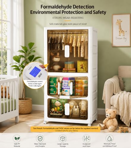 Image of YASONIC Plastic Wardrobe for Kids, Baby Cupboard for Storage, 12 Cubes Almirah, Cupboard for Clothes, Collapsible Wardrobe for Metal Utility Storage Cart with Wheels (WHITE-SJM01060-2)