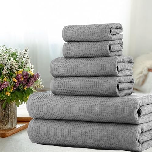 Image of Casa Copenhagen, Egyptian Cotton - Waffle Terry Towel 6 Piece Set, Includes 2 Bath Towels 2 Hand Towels 2 Washcloths - Grey Violet