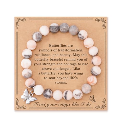 Inspirational Gifts Butterfly Bracelet for Women, Natural Stone Pink Bracelet Gifts for Women Girls, You Were Born to Fly