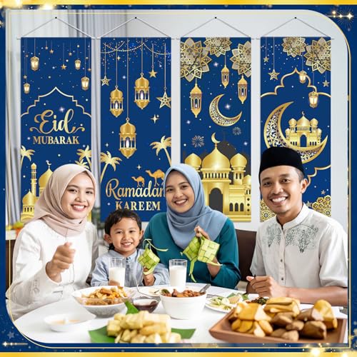 Image of Panelee 4 Pcs Ramadan Mubarak Porch Sign Banners Blue Gold Eid Mubarak Decorations Muslim Ramadan Kareem Door Banner Backdrop for Home Doorway Indoor Outdoor Wall Hanging Decor