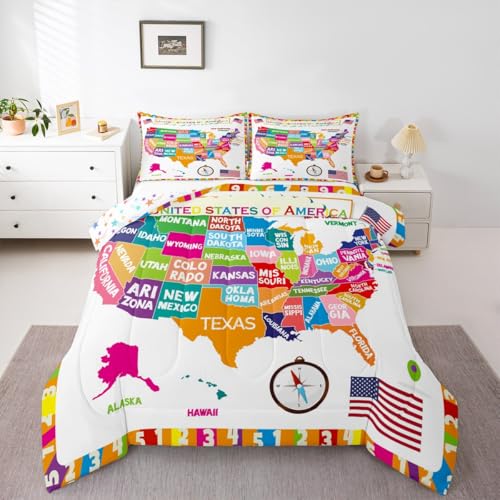 Image of Feelyou USA Map Bedding Set Full, Geography USA Map Comforter Set for Boys Girls Educational Comforter Learning Time Duvet Set 3Pcs