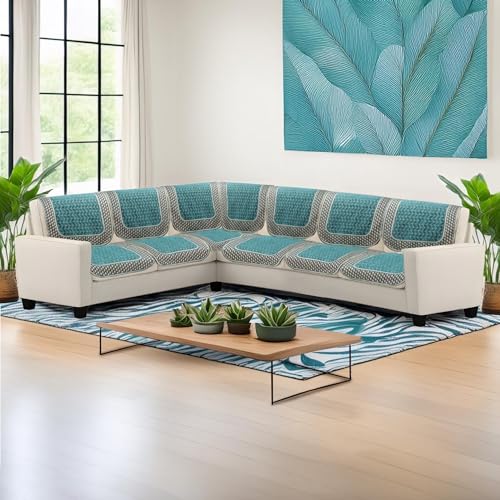 Image of Premium Chenille Woven Anti-Slip 6 Seater L-Shape Sofa Cover | L-Shape Sofa Seat Protector for Living Room | Durable & Stylish Slipcover - Turquoise - 3D