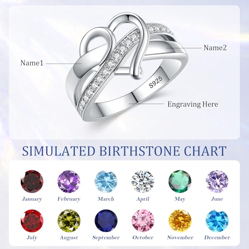 925 Sterling Silver Promise Rings for Her, Infinity Heart Custom Ring for Women Personalized Birthstones Engraved Name, Anniversary Wedding Birthday Jewelry Gift With Gift Box Size 5-93
