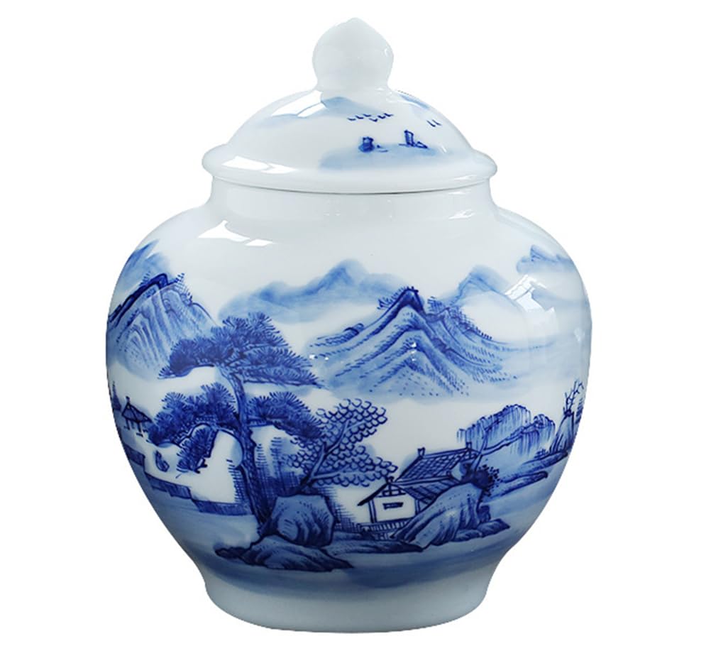NHDVDVAV Blue and White Porcelain Ginger Jar, Chinoiserie Ceramic Tea Canister Storage With Airtight Lid, Small Kitchen Containers for Home Decor, Tea, or Snacks