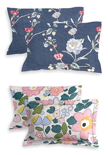 Image of RD TREND Glace Cotton Assorted Pillow Cover Set of 2 (4 Pcs) - Premium 210 TC, Standard Size 18 inchx28 inch | Soft & Breathable Floral Printed Design for Bedroom |Grey&Pink