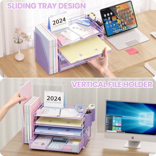 Image of OPNICE Desk Organizer, 4-Tier Desktop File Organizer with Drawer and Pen Holders, Office Desk Accessories, File Sorters, Workspace Organizers for Office Supplies(Purple)