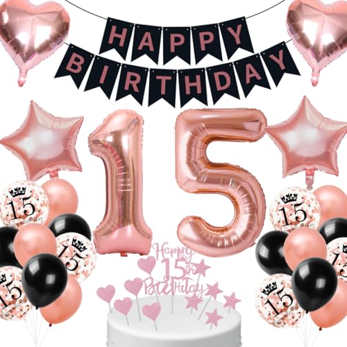 Cadimus Decoraciones para 15 Cumpleaños de Niñas,Negro Oro Rosa Globo para 15º Cumpleaños,Pancarta de Happy Birthday,Set de Decoración con Globos para 15,Globos para Fiesta de 15 Niños niñas