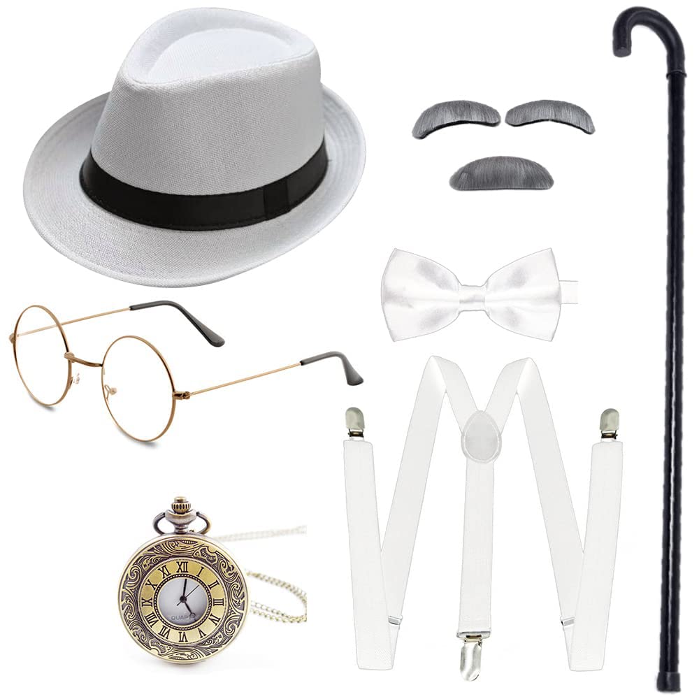 1920s Gangster Costume Set For Men – Grandpa Fancy Kit With Newsboy Hat, Suspenders, Bow Tie, Mustache & Glasses