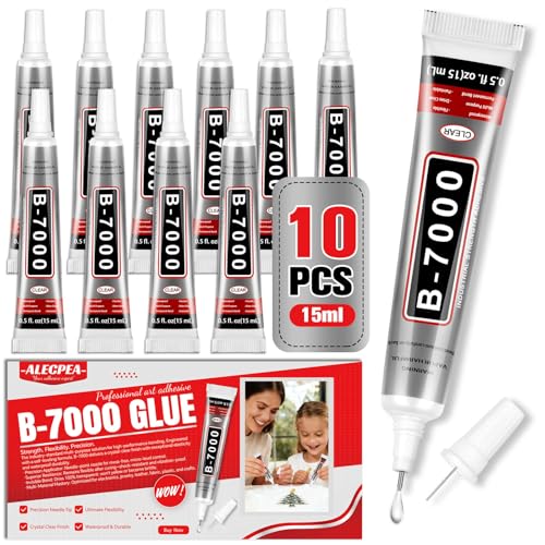 B-7000 Glue Clear with Precision Tip 15ml 10 Pack Multi-Function Craft Adhesive Waterproof Strong Bond Glue for Jewelry Making Rhinestones Bedazzling Crafts Shoes Fabric Phone Repair