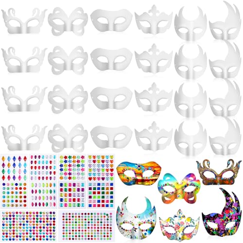 Leyndo 24 Pcs Paper Mache Art Masks,1154 Pcs Gem Stickers
