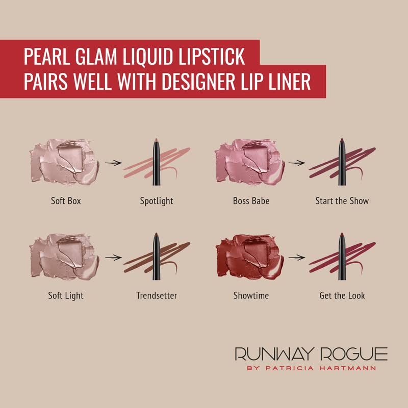 Miniatura 5 de Runway Rogue Pearl Glam - Lápiz labial líquido brillante de larga duración, lápiz labial rojo ladrillo cálido con brillo plateado y dorado,