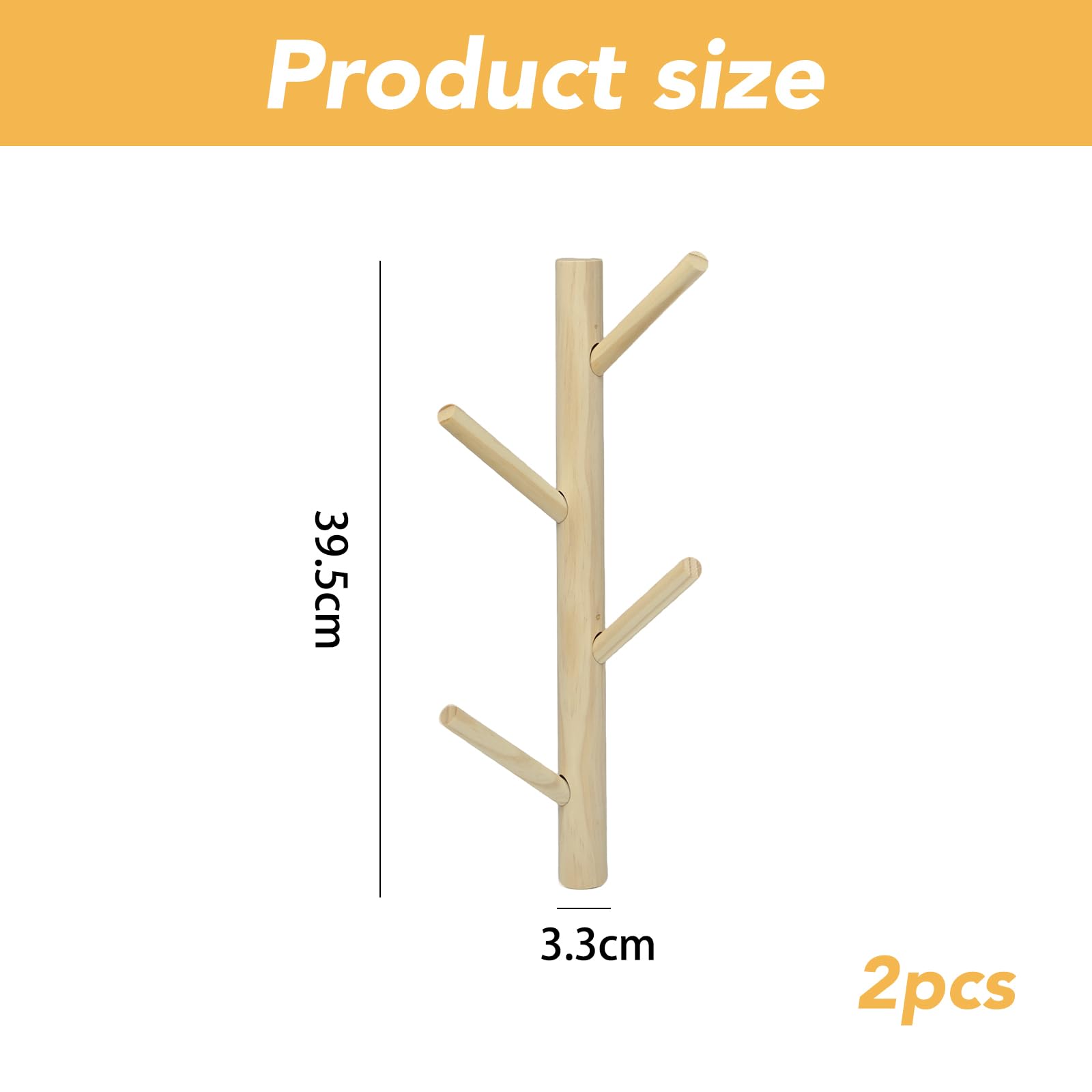 2 Pezzi Appendiabiti aAlbero da Muro Appendiabiti da Parete in Legno di Pino 40cm Attaccapanni da Muro a Forma di Ramo con 8 Ganci per Cappotti, Cappelli, Ingresso, Ufficio