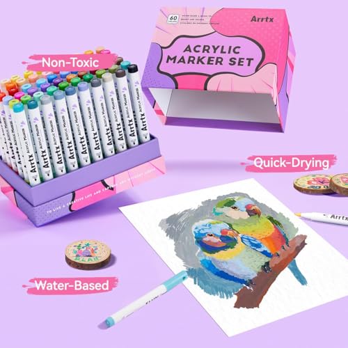 Image of Arrtx 60 Colors Paint Markers Pens, Acrylic Paint Pens for Artists Adults Coloring Drawing Cartoon Anime Comic - Brush Tip for Rock Painting, Wood, Canvas, DIY Crafts Making Art Supplies-60B