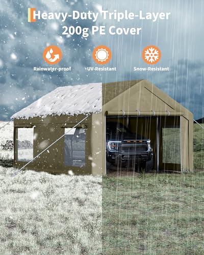 Image of GarveeLife 10x20 ft Portable Garage, Car Port with 200 g PE Tarp Cover, with Front & Rear Roll-Up Doors and 4 Windows, for Temporary Paint Booth, Boats&Pickups Shed, and Event Shelter, Khaki