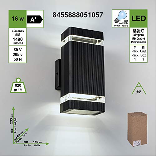 APPLIQUE DA PARETE IMPERMEABILE LED RETTANGOLARE NERO STILE MODERNO DA 16W POSSIBILITA' DI INSTALLAZIONE PER INTERNI ED ESTERNI LUCE FREDDA (6000K) [Classe di risparmio energetico A