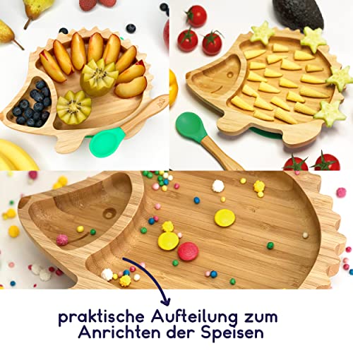 Kleiner Fuchs Hochwertiges Bambus Teller mit Saugnapf, Rutschfestem Saugnapf mit passendem Baby Löffel Macht Mahlzeiten Spaß, Bambus Geschirr Set mit Geschenkbox - Essenlernen mit Igel Design – Bild 7