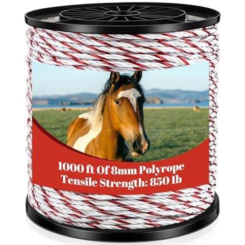Wowangce 1 Roll Electric Fence Polywire 1000 Feet(305m) Length 0.3 Inch Wide(8mm) Electric Fencing Wire with 6 Stainless Steel Strand Portable Fence Rope for Livestock Garden (1000ft in Total Red)