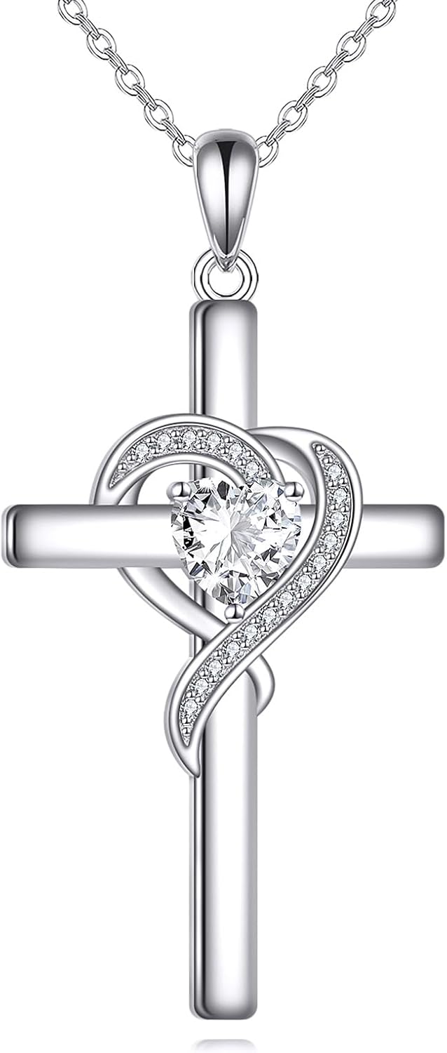 Cross Necklace for Women 925 Sterling Silver Infinity Love Heart Birthstone Pendant Necklace Cross Birthday Jewelry Gifts for Her