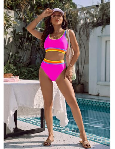 Image of BMJL Women's High Waisted Bikini Sets Sporty Two Piece Swimsuits Color Block Tummy Control Modest Bathing Suit