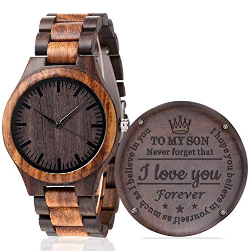 KOSTING Personalized Engraved Men Natural Wood Watches for Son Wooden Strap Band Customized Stylish Classic Unique Birthday Christmas Day Graduation Gifts from Mom