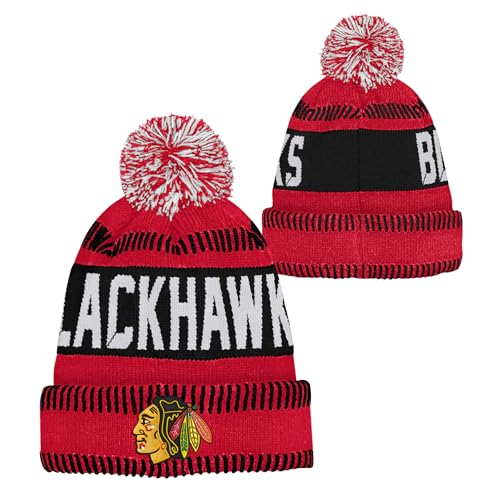 Outerstuff NHL Kids Youth 8-20 One Size Team Color Primary Logo Sports Tech Knit Cold Weather Hockey Pom Beanie Hat - Chicago Blackhawks - Red