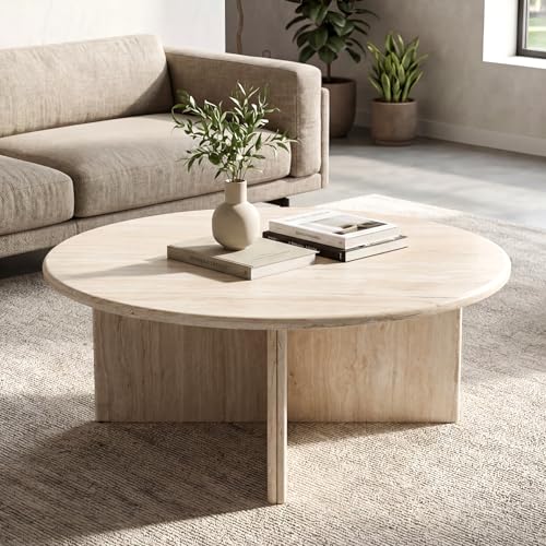 DUOMAY Modern Round Coffee Table Beige Travertine Finish Center Table Faux Marble 31.5 Wooden Tea Table for Living Room Reception Room Home Office Luxury Minimalist