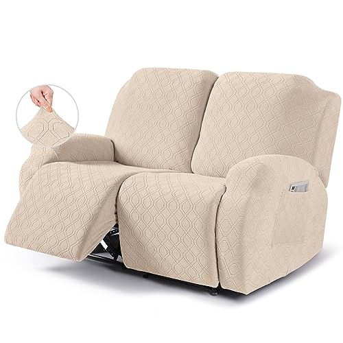 Image of VANSOFY Recliner Cover, 2-Pieces Stretch Reclining Couch Cover with Pockets Loveseat Sofa Slipcovers Soft Washable Furniture Protector for Dogs Cats(Cream)