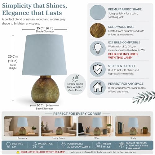 Image of Wooden Bedside Table Lamp with Fabric Shade, Warm Ambient Light, Handmade Mango Wood Base, Rustic Farmhouse Design, Cute Dowel, 15 x 15 x 25 cm (White)
