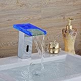 BFDMY LED-Temperatursteuerung Tap-Wasserfall Hahn Automatische Sensorarmatur-EIN-Hebel-Quadrat-Glaspel mit Thermostat-Bad-Waschtisch-Armatur,Silber