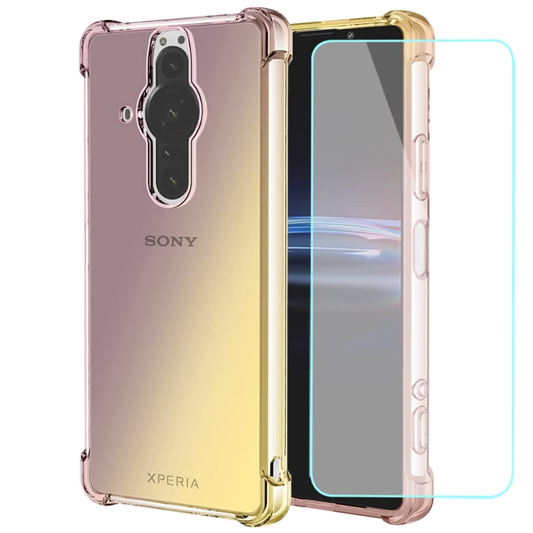 for Sony Xperia Pro-I 5G XQ-BE42 Case with Tempered Glass Screen Protector,Cute Clear Gradient Slim Shockproof TPU Back Phone Protective Cover for Sony Xperia Pro-I (Black/Gold)