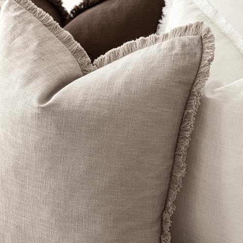 Image of Foindtower Set of 2 Decorative Linen Fringe Throw Pillow Covers Boho Farmhouse Cushion Cover with Tassels Soft Accent Pillowcase for Couch Sofa Bed Living Room Home Decor,26x26 Inch,Natural Linen
