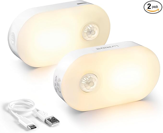 Lyridz Rechargeable Battery Night Light with Motion Sensor, Portable Mini Warm White LED Stick-on Closet Light, Adjustable Brightness for Bathroom, Bedroom, Kitchen, Cabinet, Stairs, Hallway, 2-Pack