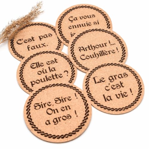 Lot de 6 dessous de verre en liège avec citation drôle au choix, idée cadeau fête des pères, 10cm