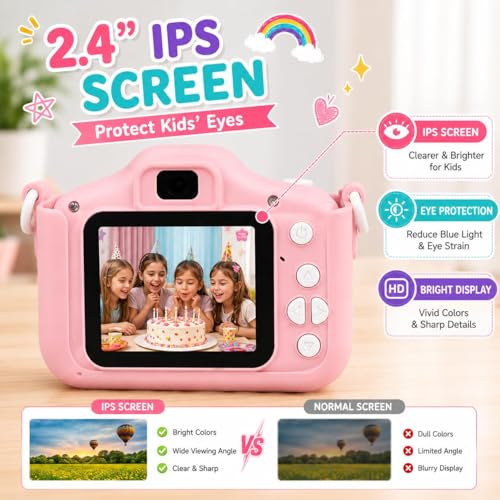 Image of Brand Conquer Kids Camera for Girls with Unicorn Design, HD Digital Camera for Children Age 3-10, Rechargeable Mini Toddler Camera with 2.4 inch IPS Screen, Selfie, Video Recording, Games & Strap (Pink)